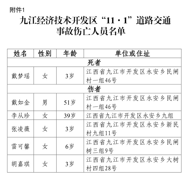 九江經濟技術開發區“11·1”道路交通事故調查報告