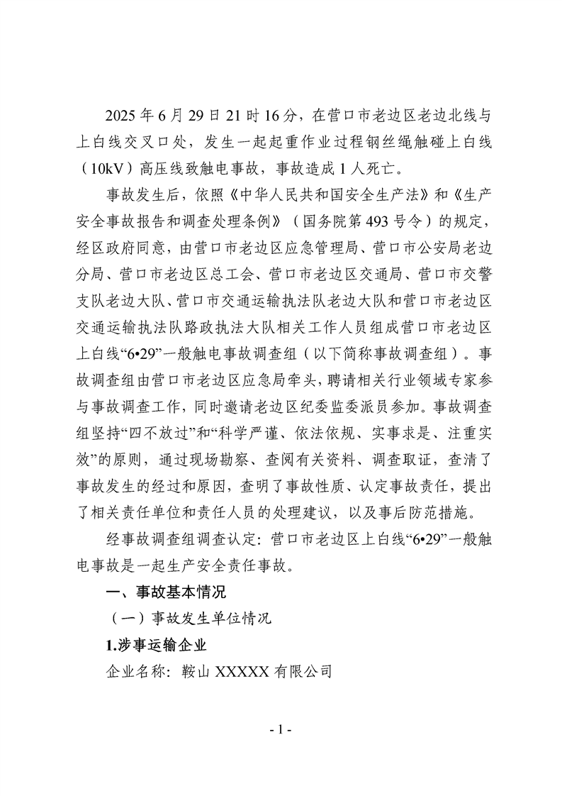 營口市老邊區上白線“6?29”一般觸電事故調查報告