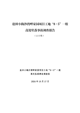 鹽田小梅沙灣畔家園項目工地“8·5”一般高處墜落事故調查報告