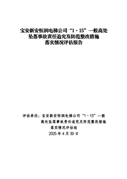 寶安新安恒潤電梯公司“1·15”一般高處墜落事故責任追究及防范整改措施落實情況評估報告
