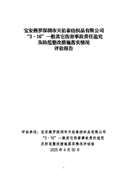 寶安燕羅深圳市天佑泰紡織品有限公司“3·16”一般其它傷害事故責(zé)任追究及防范整改措施落實(shí)情況評(píng)估報(bào)告