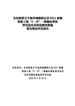 寶安新橋萬(wàn)豐海岸城臻園五層E511商鋪裝修工地“4·19”一般觸電事故責(zé)任追究及防范整改措施落實(shí)情況評(píng)估報(bào)告