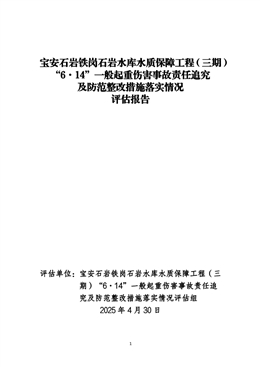 寶安石巖鐵崗石巖水庫(kù)水質(zhì)保障工程（三期）“6·14”一般起重傷害事故責(zé)任追究及防范整改措施落實(shí)情況評(píng)估報(bào)告