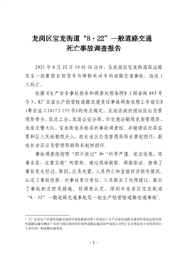龍崗區(qū)寶龍街道“8·22”一般道路交通死亡事故調(diào)查報(bào)告