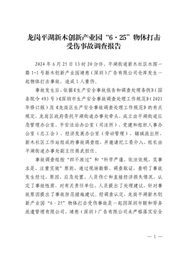龍崗平湖新木創(chuàng)新產(chǎn)業(yè)園“6·25”物體打擊受傷事故調(diào)查報(bào)告