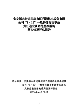 寶安福永街道深圳市匯利通機(jī)電設(shè)備有限公司“8·19”（2024年）一般物體打擊事故責(zé)任追究及防范整改措施落實(shí)情況評(píng)估報(bào)告