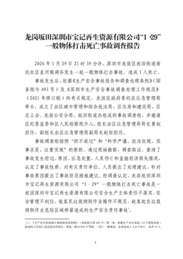 龍崗坂田“1·29”一般物體打擊死亡事故調查報告