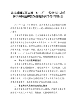 龍崗區(qū)坂田“8·13”物體打擊重傷事故防范和整改措施落實(shí)情況評估報告